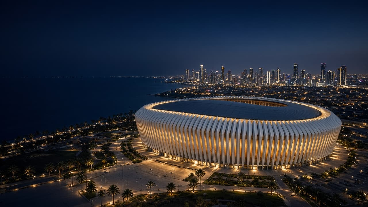 Illustration : stade moderne illuminé au crépuscule